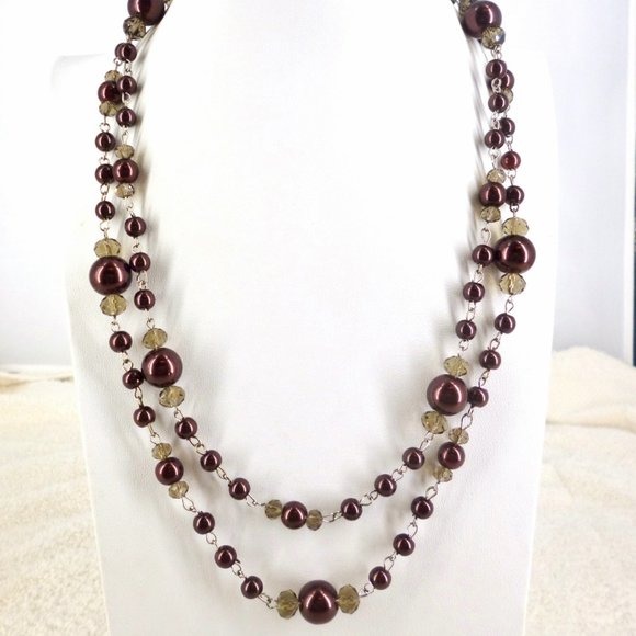Nolan Miller Burgundy Necklace Shell Pearls & Crystals 42" 1980s NWOT Perfect - Picture 1 of 5
